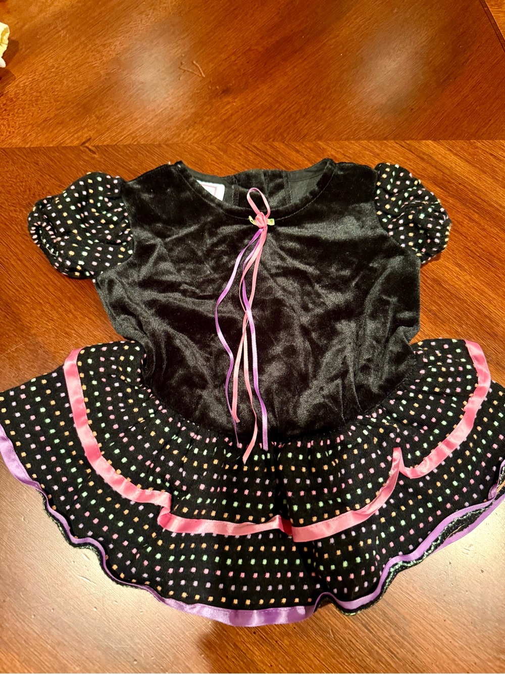 Vintage 1990s Girls Black Velvet Polka-Dot Party Dress with Pink Ribbon Trim
